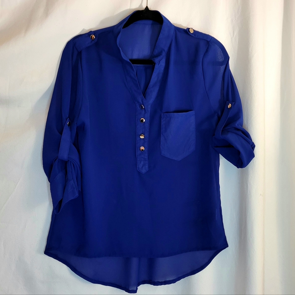 NWOT Sheer Military Blouse - Cobalt